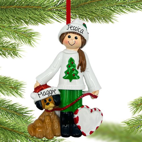 Personalized Female Walking Dog Christmas Ornament