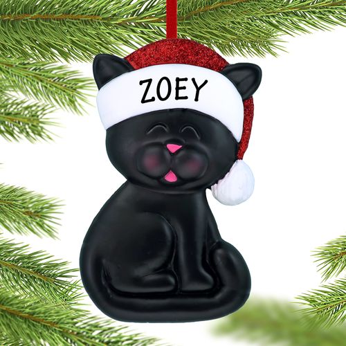 Personalized Black Cat With Santa Hat Christmas Ornament