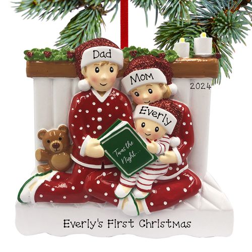 Personalized Reading in Bed Family of 3 Christmas Ornament