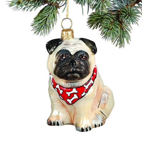 Glass Pug Fawn with Bandana Christmas Ornament