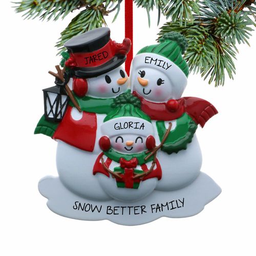Personalized Classic Snowman Family Of 3 Christmas Ornament