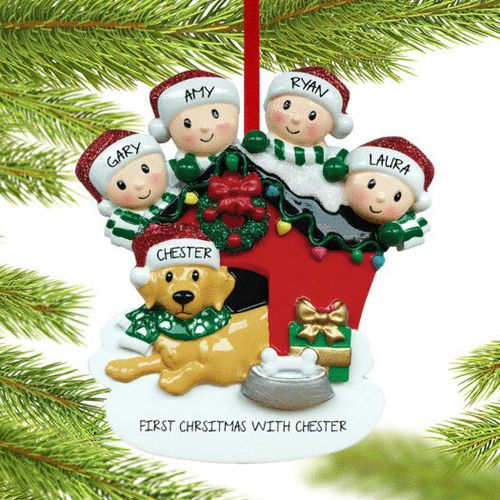 Personalized Family Of 4 With Dog In Doghouse Christmas Ornament