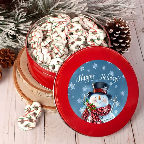 Happy Holidays Jolly Snowman Tin with Holiday Yogurt Pretzels - 1 lb