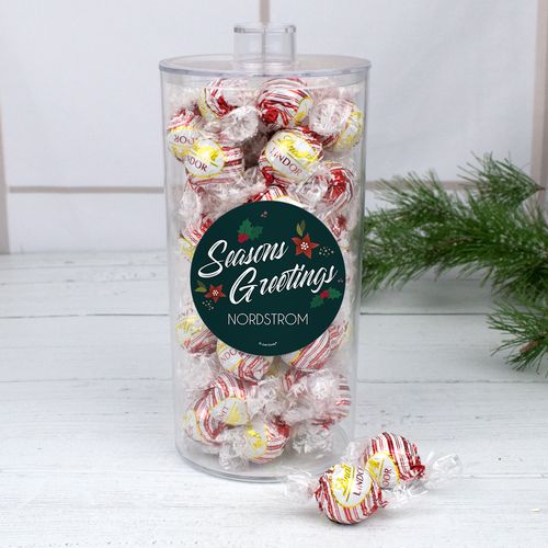 Personalized Christmas Pointsettia Season Greetings Lindor Truffles Canister Gift - Peppermint Truffles