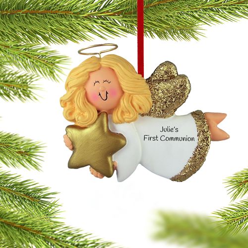 Personalized Communion Angel with Gold Star Girl Christmas Ornament