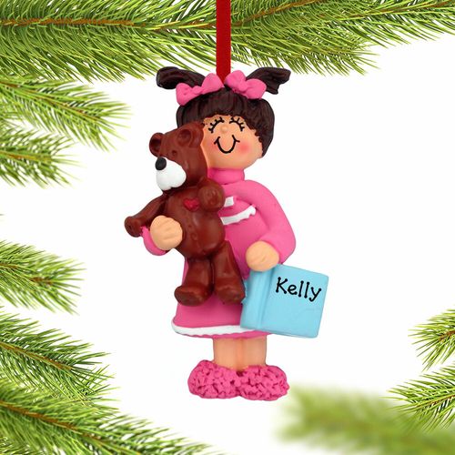 Personalized Toddler Girl with Teddy Bear and Book Christmas Ornament
