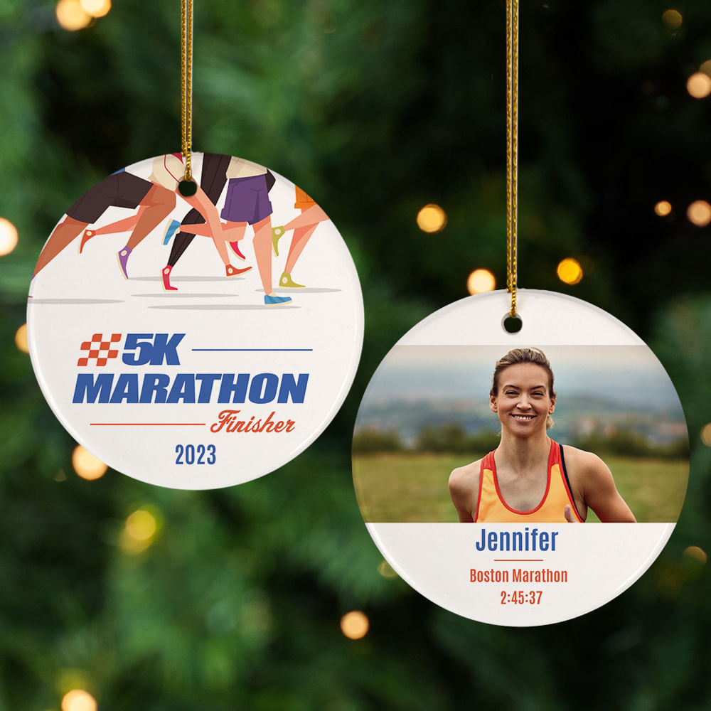 Personalized Marathon Ornament, Runner Photo & Stats, Cross