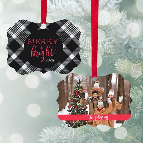 Personalized Merry & Bright Red or Black Plaid Christmas Ornament