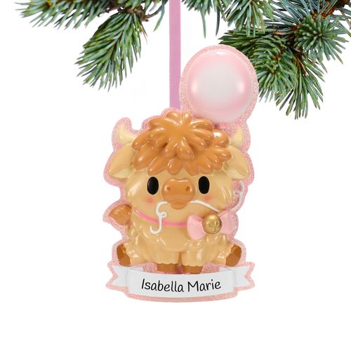 Personalized Cutesy Highland Cow Girl Christmas Ornament