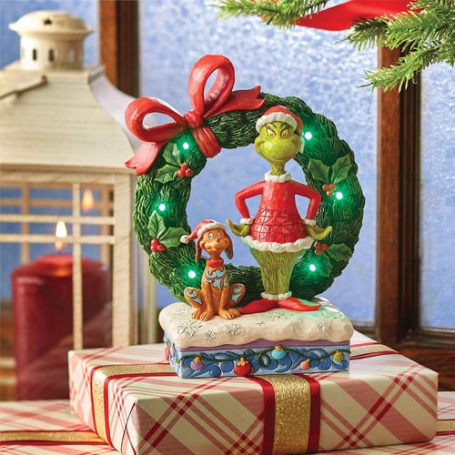 Jim Shore Light-Up Grinch with Max inn Wreath Tabletop Christmas Ornament