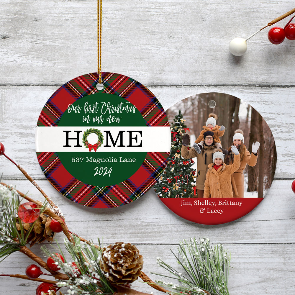 Personalized Plaid New Home Family Christmas Ornament