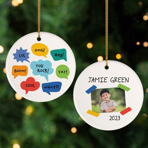 Personalized Speech Bubble Boy with Photo Christmas Ornament