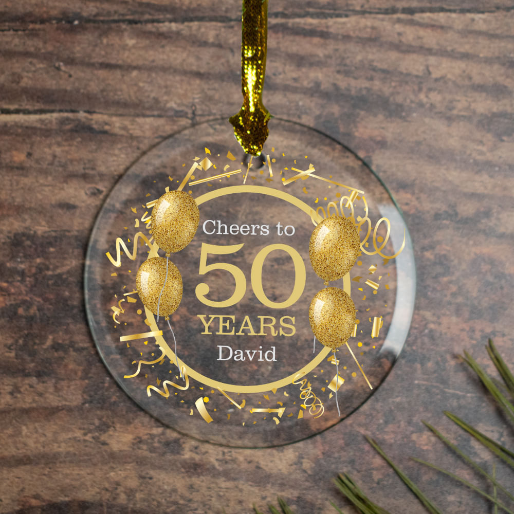 Personalized Gold Balloons 50th Christmas Ornament