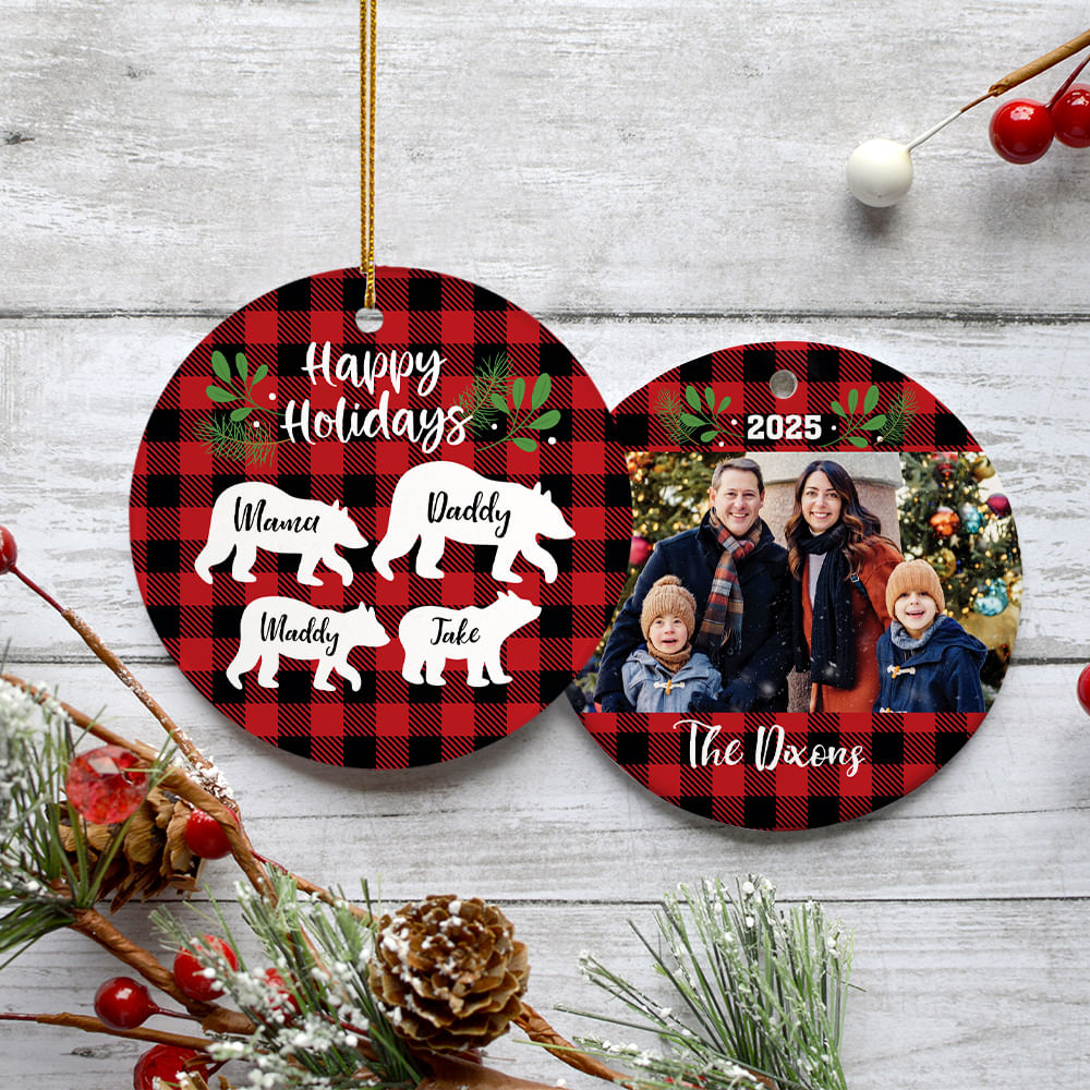 Personalized Plaid Bear Family of 4 Christmas Ornament