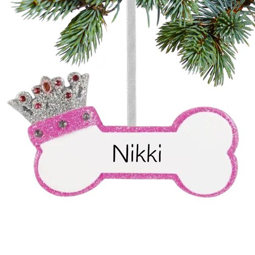 Personalized Pink Princess Dog Bone Christmas Ornament